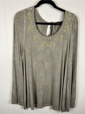 Pol Gold Boho Star Embroidery Scoop Neck Long Sleeve Top Oversized Small Flowy